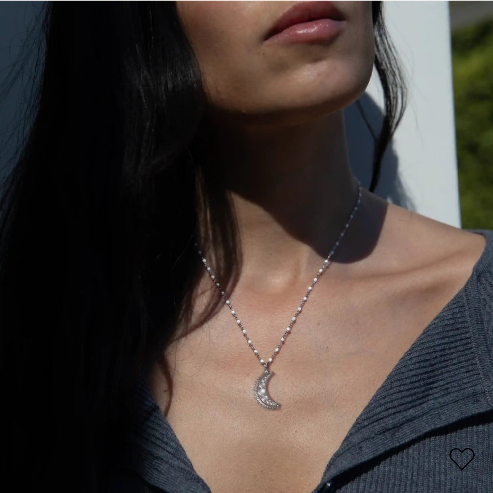 AWE INSPIRED Silver Crescent Moon Moonstone Pendant Enamel Chain Necklace